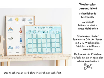 Wochenplan "Aquamarin" mit Name personalisiert, 246 Routine Karten, laminiert magnetisch Klett, Routineplan für Kinder und Jugendliche