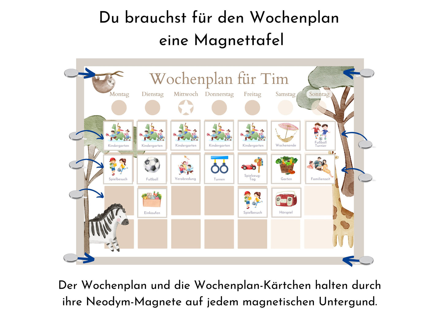 Magnetboard Wochenplan "Boho Jungle" personalisiert für Kinder, 246 Routine Karten, Magnete, Montessori Routineplan von Familie Nordstern