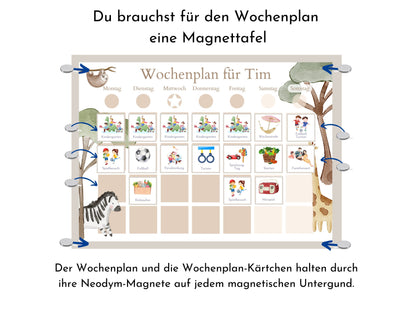 Magnetboard Wochenplan "Boho Jungle" personalisiert für Kinder, 246 Routine Karten, Magnete, Montessori Routineplan von Familie Nordstern