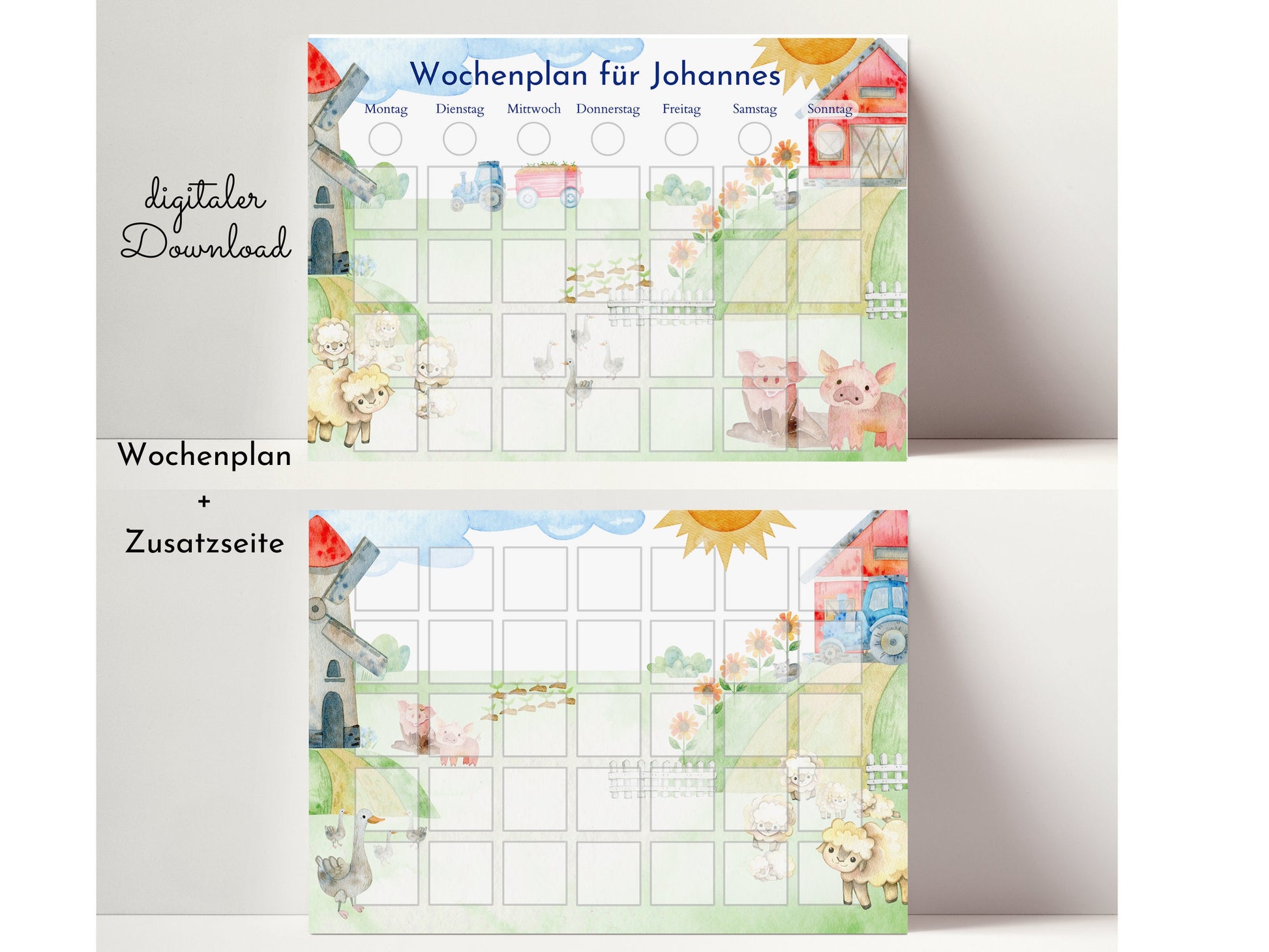 Wochenplan "Bauernhof" für Kinder, 288 Routine Karten, Canva-Vorlage und PDF Sofort-Download, Routineplan nach Montessori