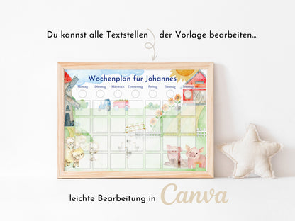 Wochenplan "Bauernhof" für Kinder, 288 Routine Karten, Canva-Vorlage und PDF Sofort-Download, Routineplan nach Montessori