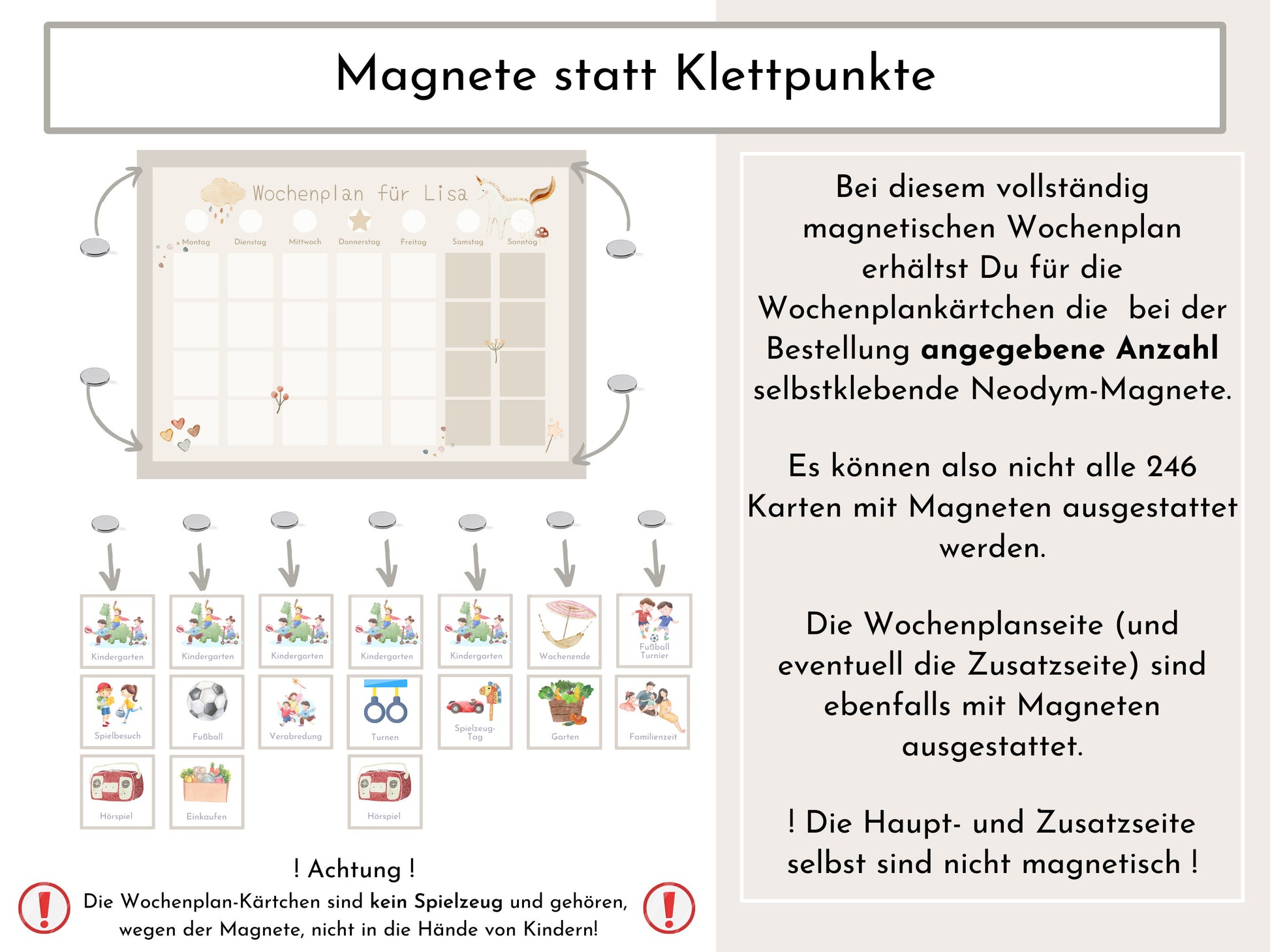 Magnetboard Wochenplan "Traum" personalisiert für Kinder, 246 Routine Karten, Neodym-Magnete, Montessori Routineplan von Familie Nordstern