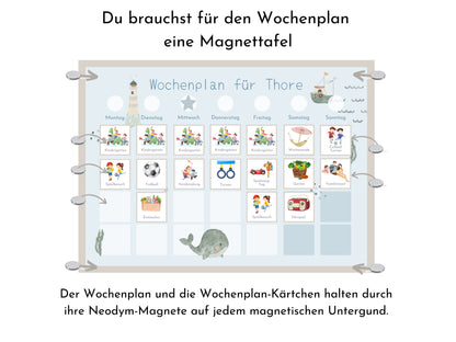 Magnetboard Wochenplan "Seaside" personalisiert für Kinder, 246 Routine Karten, Neodym-Magnete, Montessori Routineplan von Familie Nordstern