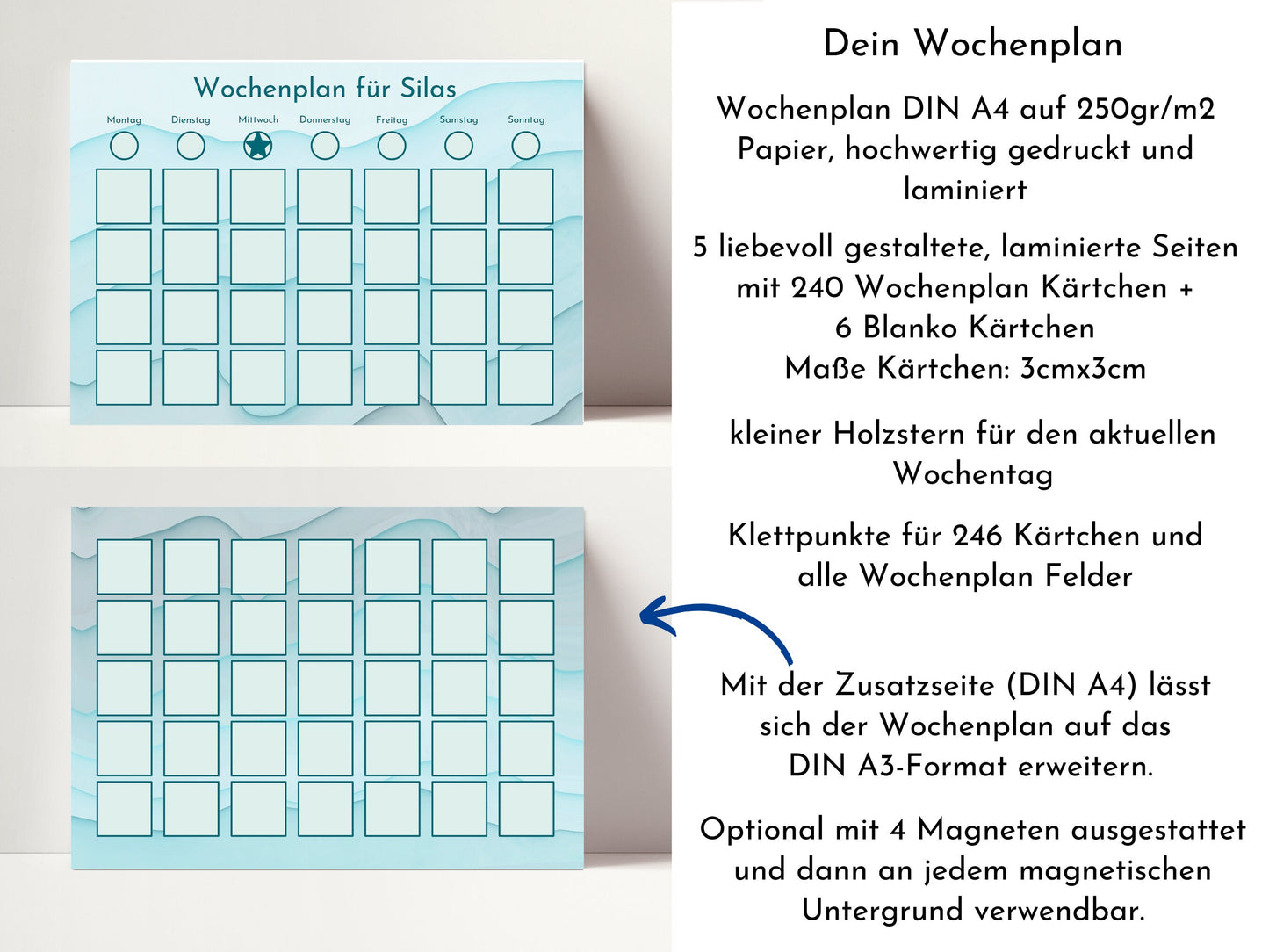 Wochenplan "Aquamarin" mit Name personalisiert, 246 Routine Karten, laminiert magnetisch Klett, Routineplan für Kinder und Jugendliche