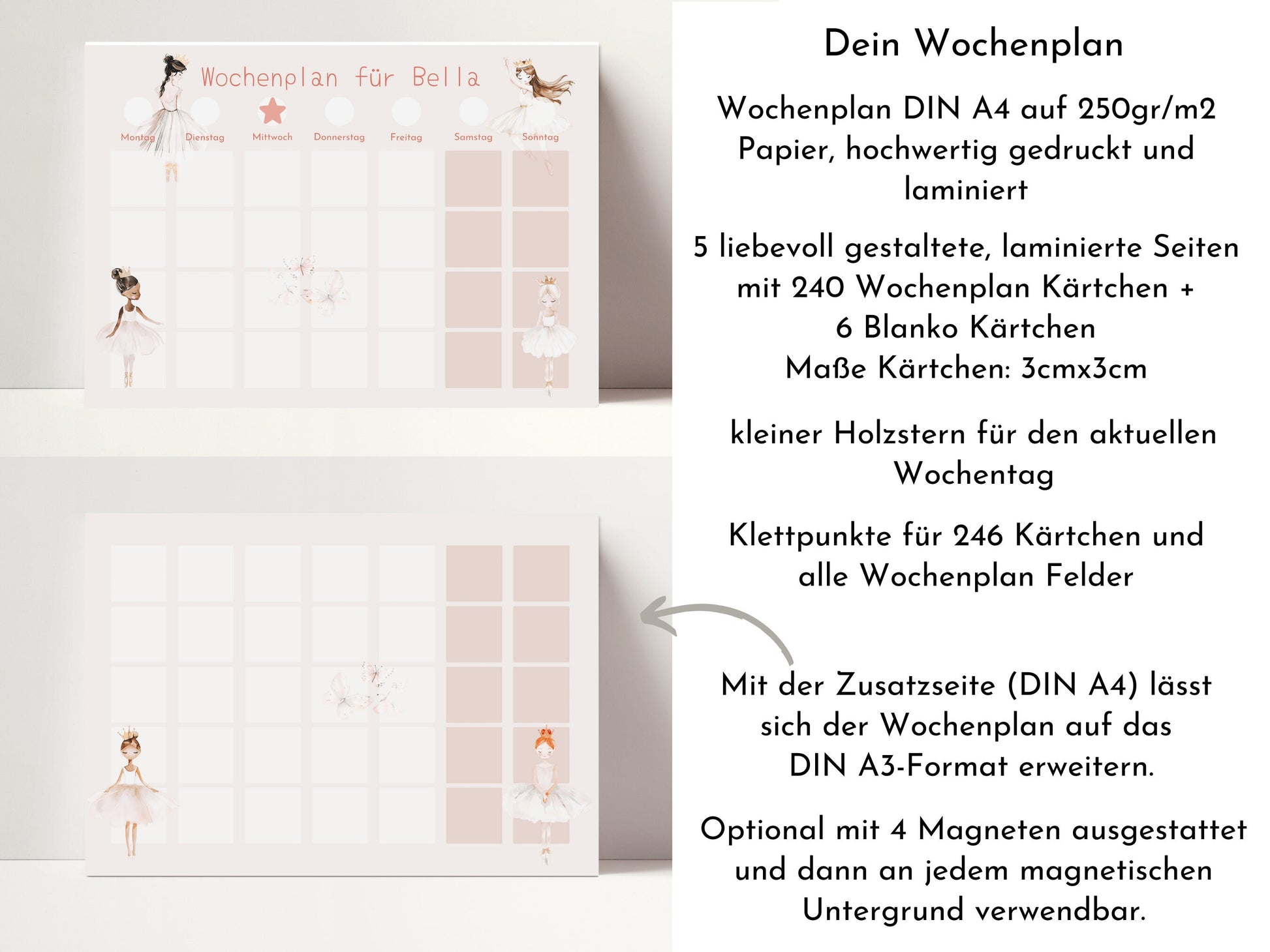 Wochenplan "Ballerina" personalisiert für Kinder, Routineplan mit 246 Routine Karten, Montessori Wochenroutine, Wochenüberblick für Mädchen