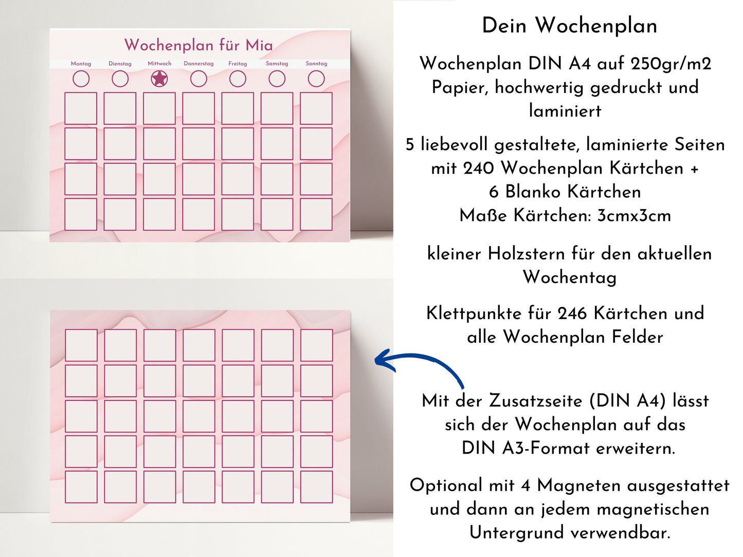 Wochenplan "Turmalin" mit Name personalisiert, 246 Routine Karten, laminiert magnetisch Klett, Routineplan für Kinder und Jugendliche