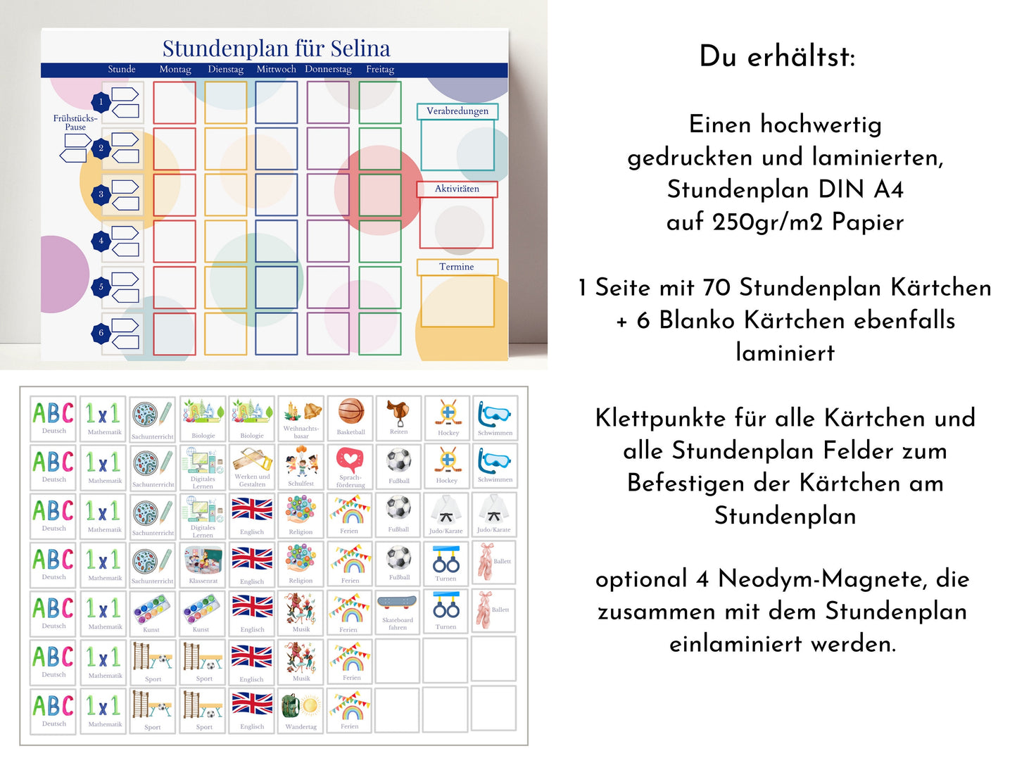 Stundenplan mit 70 Schulfach Kärtchen, personalisiert für die Grundschule, laminiert magnetisch, Geschenk Einschulung "Bunte Kreise"