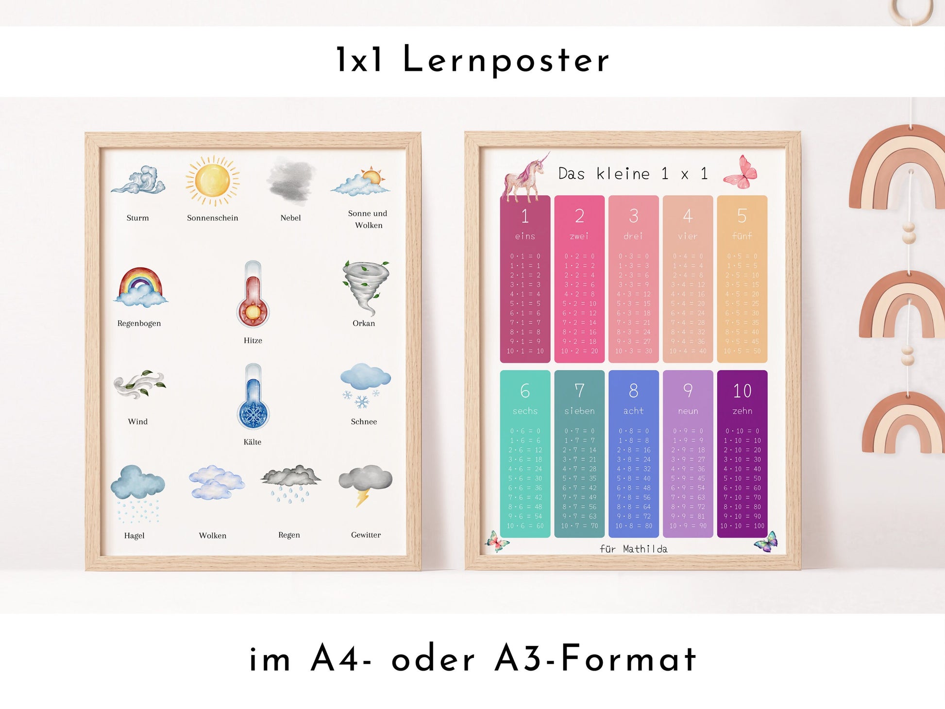 1x1 Lernposter "Einhorn" für die Grundschule, Das kleine Einmaleins, Mathe Poster, A3 oder A4, das Einmal Eins nebenbei Lernen