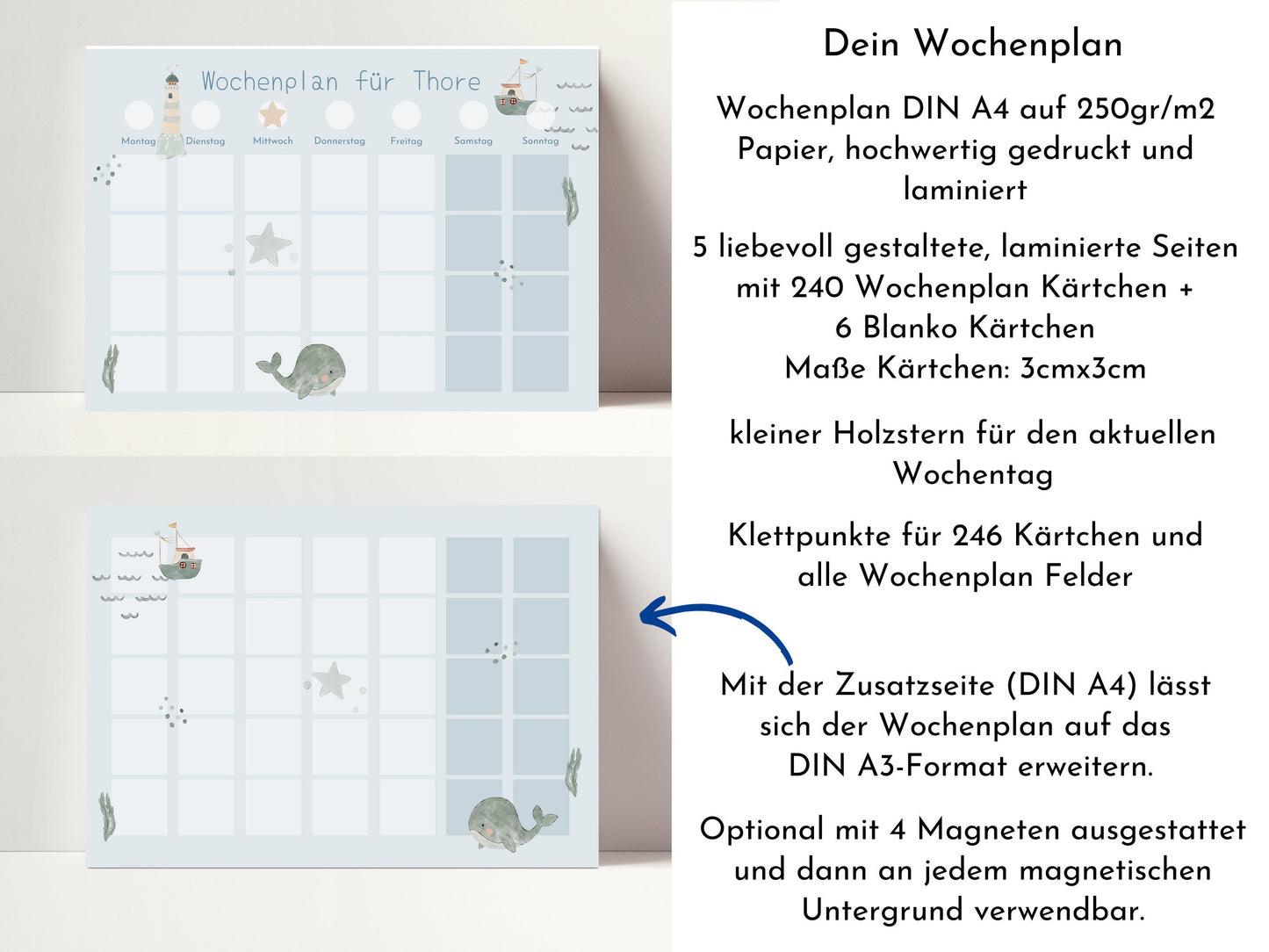 Wochenplan "Seaside" mit Name personalisiert, 246 Routine Karten, laminiert magnetisch, Routineplan für Kinder und Jugendliche