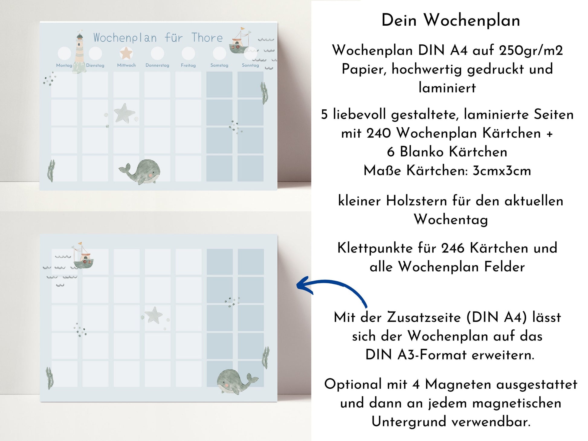 Wochenplan "Seaside" mit Name personalisiert, 246 Routine Karten, laminiert magnetisch, Routineplan für Kinder und Jugendliche