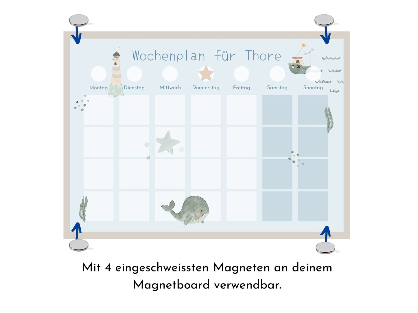 Wochenplan "Seaside" mit Name personalisiert, 246 Routine Karten, laminiert magnetisch, Routineplan für Kinder und Jugendliche