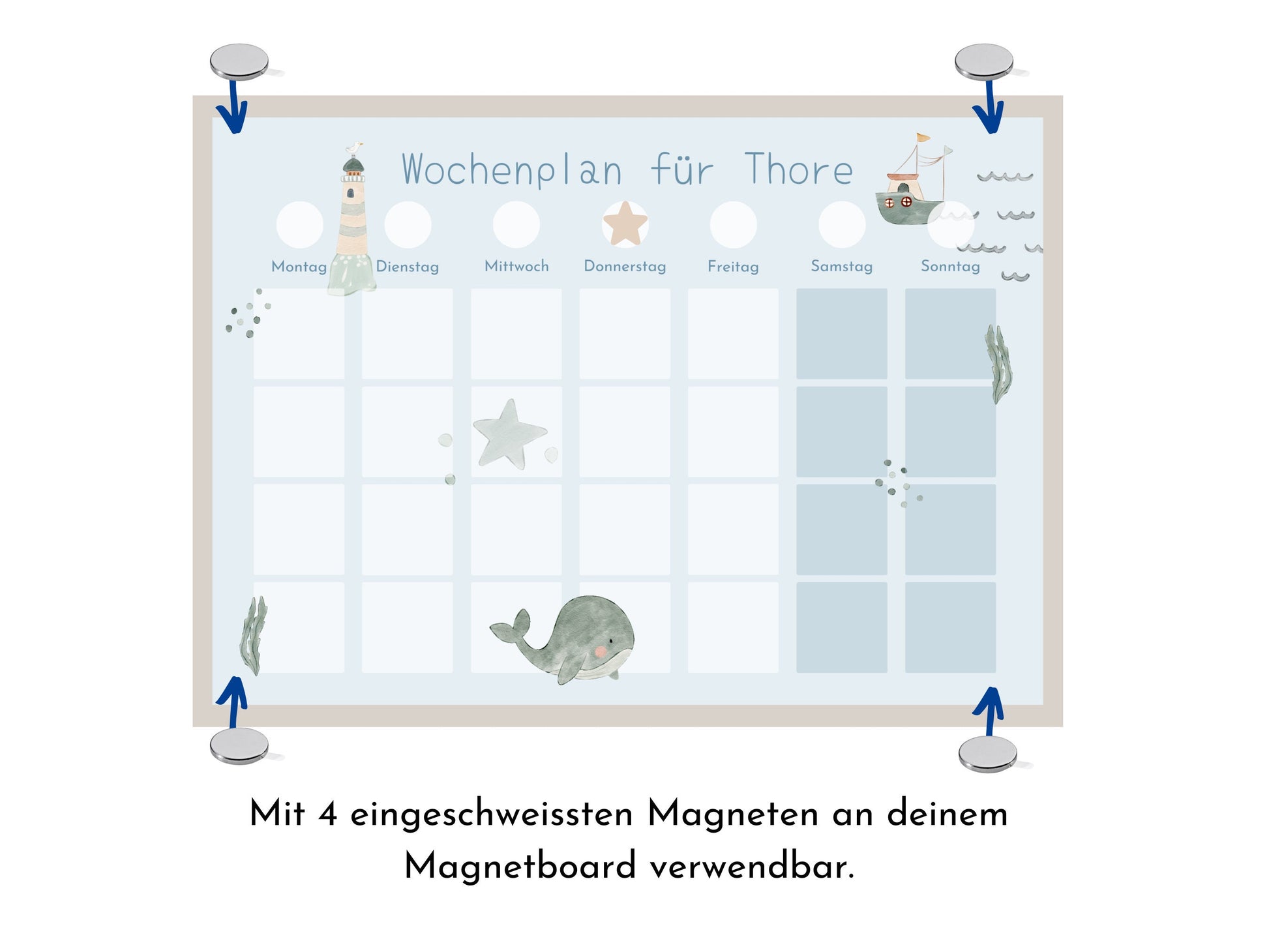 Wochenplan "Seaside" mit Name personalisiert, 246 Routine Karten, laminiert magnetisch, Routineplan für Kinder und Jugendliche