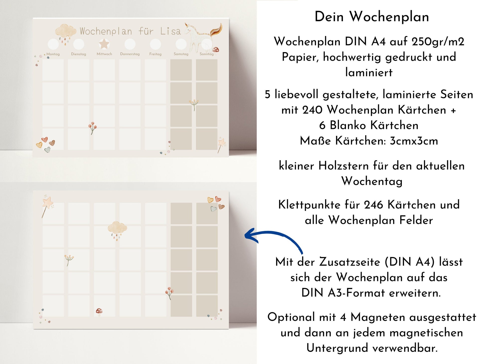 Personalisierter Wochenplan "Einhorn und Wolke", 246 Routine Karten, Routineplan für Kinder, Montessori Wochenroutine Familie Nordstern