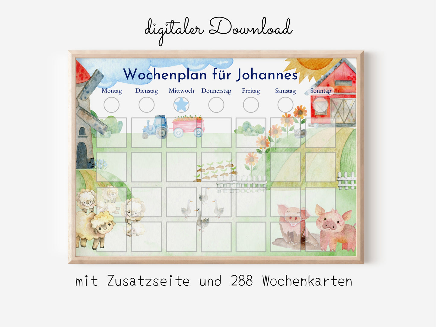 Wochenplan "Bauernhof" für Kinder, 288 Routine Karten, Canva-Vorlage und PDF Sofort-Download, Routineplan nach Montessori