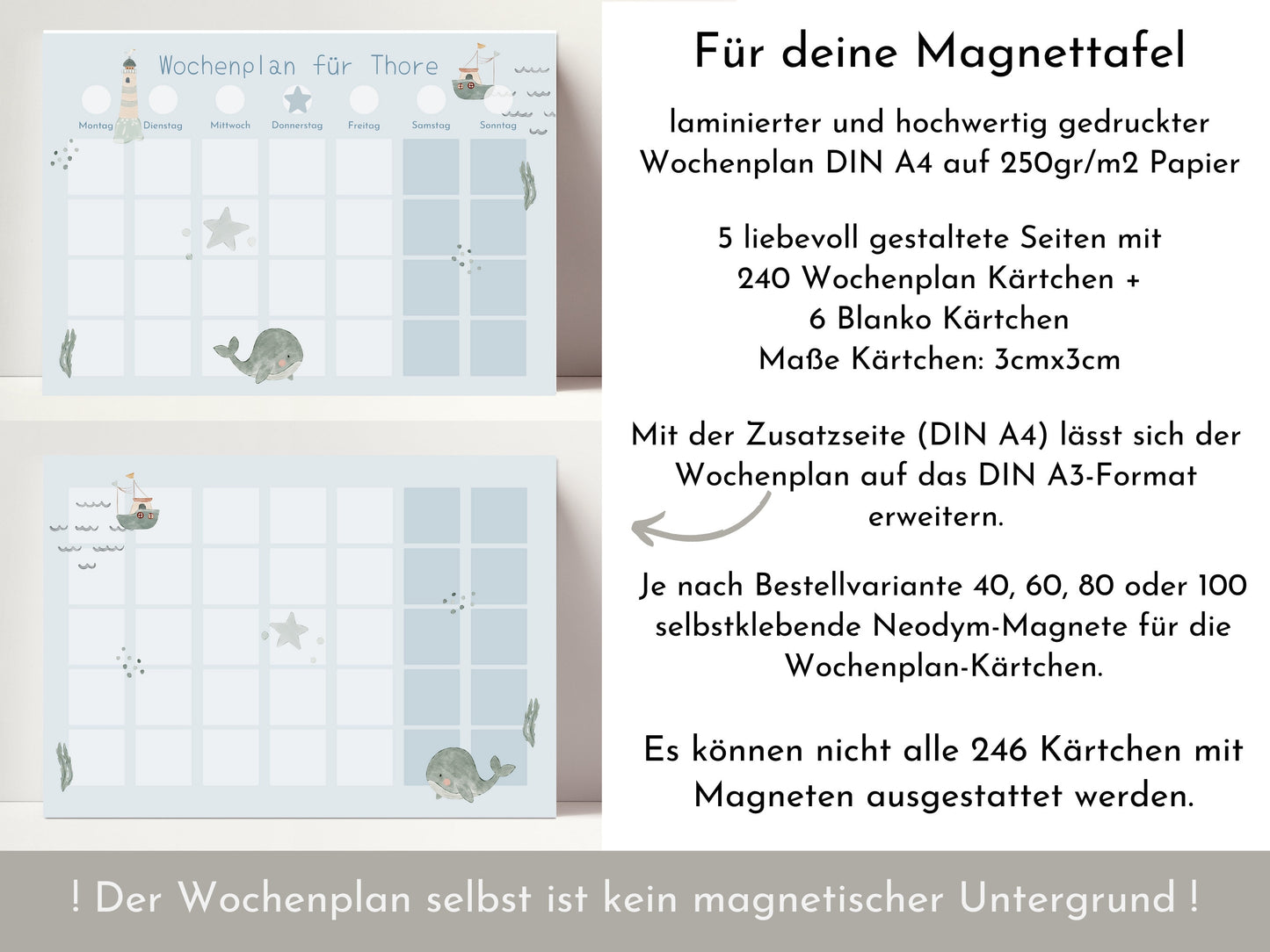 Magnetboard Wochenplan "Seaside" personalisiert für Kinder, 246 Routine Karten, Neodym-Magnete, Montessori Routineplan von Familie Nordstern