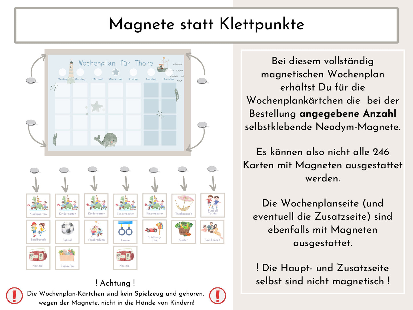 Magnetboard Wochenplan "Seaside" personalisiert für Kinder, 246 Routine Karten, Neodym-Magnete, Montessori Routineplan von Familie Nordstern