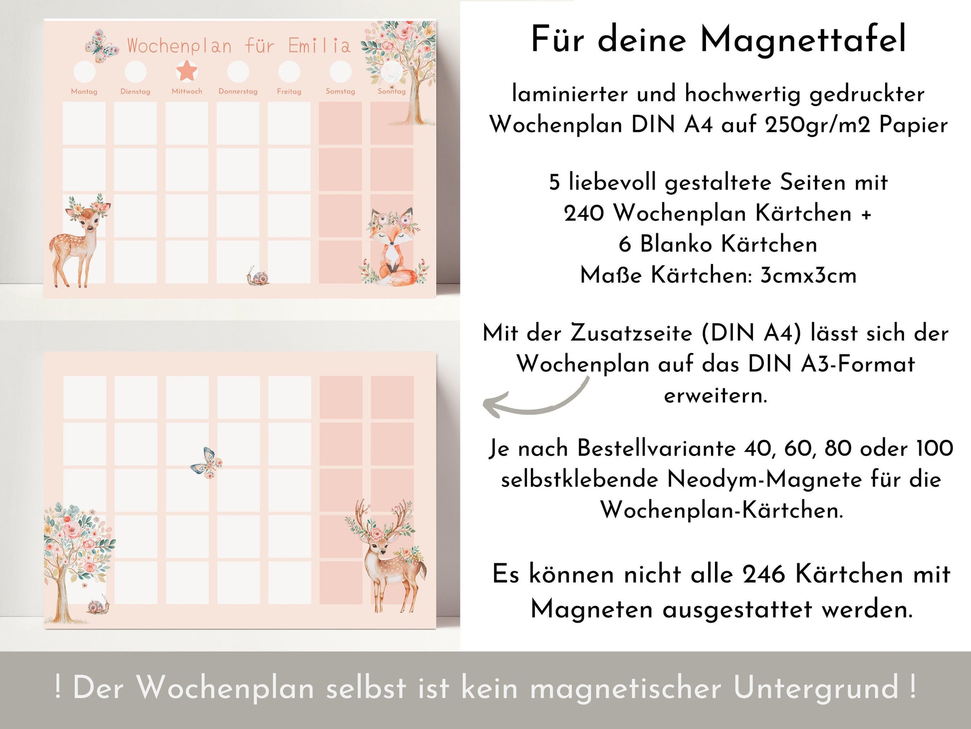 Magnetboard Wochenplan "Fantasie" personalisiert für Kinder und Teenager, 246 Routine Karten, Neodym-Magnete, Montessori Routineplan