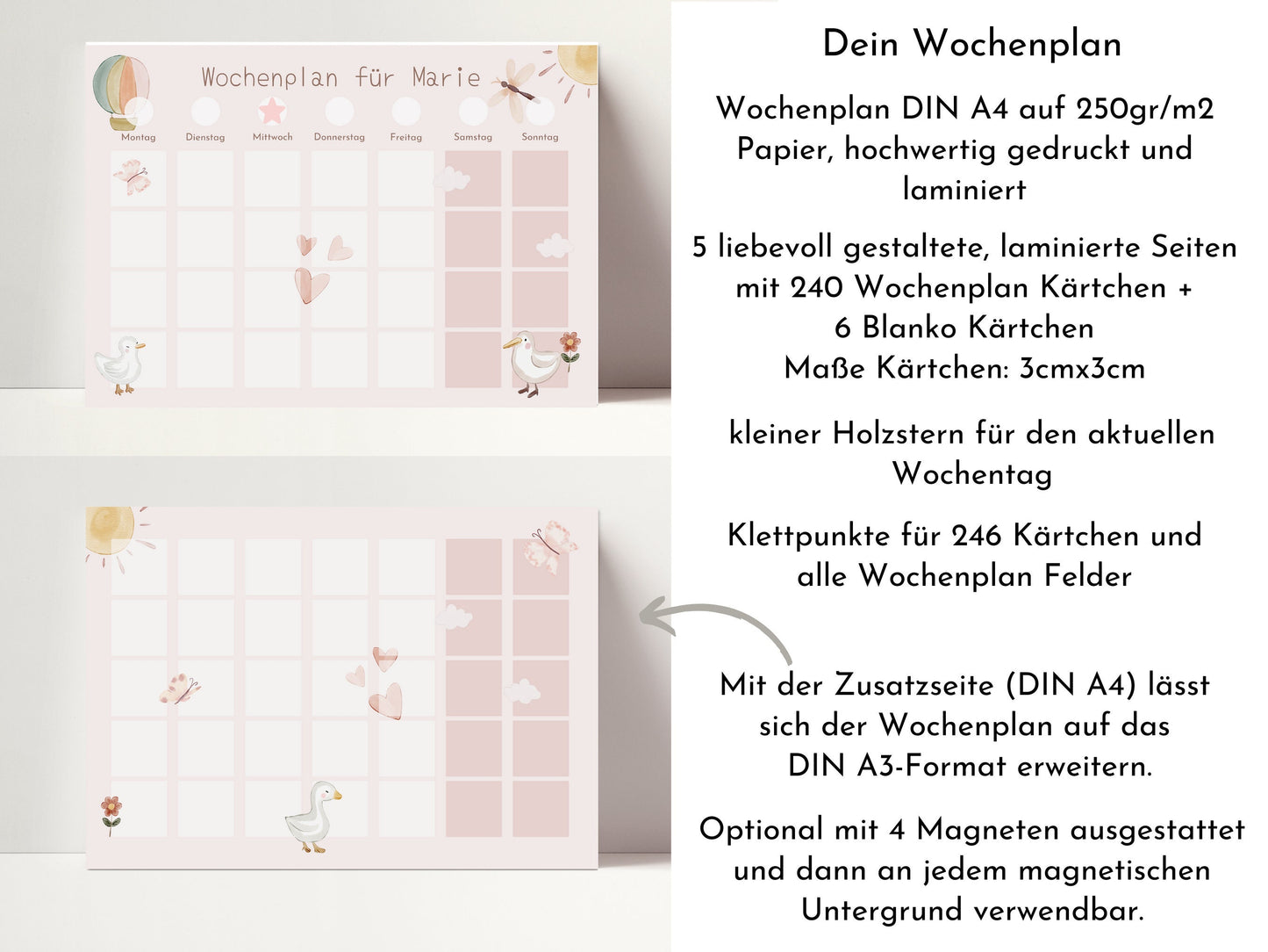 Wochenplan "Schmetterlinge" mit Name personalisiert, 246 Routine Karten, laminiert magnetisch Klett, Routineplan für Kinder und Jugendliche