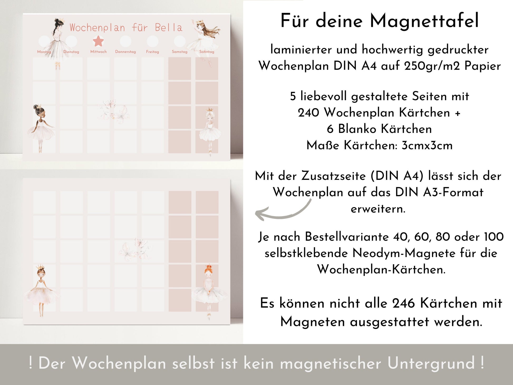 Magnetboard Wochenplan "Ballerina" personalisiert für Kinder und Teenager, 246 Routine Karten, Neodym-Magnete, Montessori Routineplan