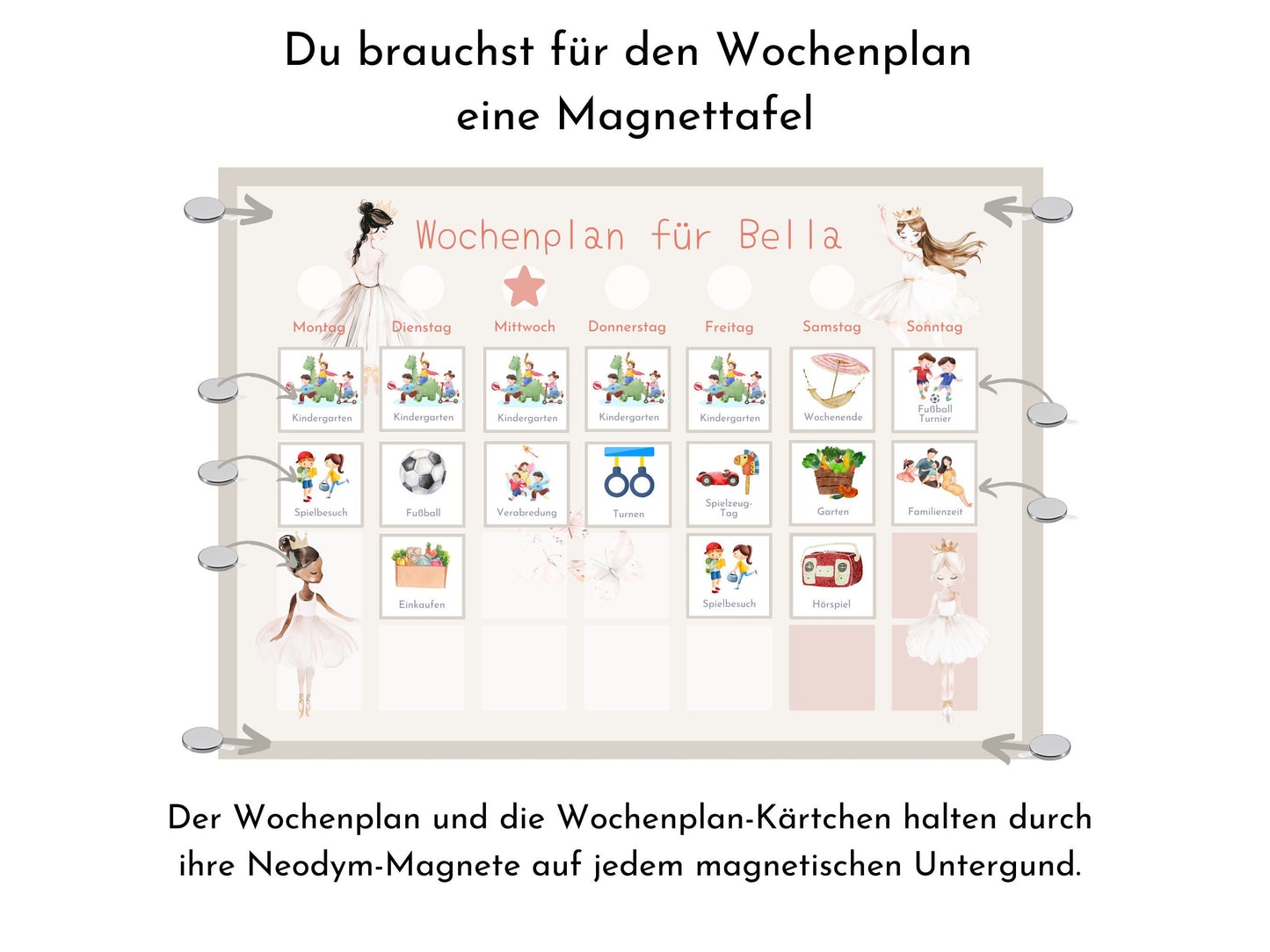 Magnetboard Wochenplan "Ballerina" personalisiert für Kinder und Teenager, 246 Routine Karten, Neodym-Magnete, Montessori Routineplan