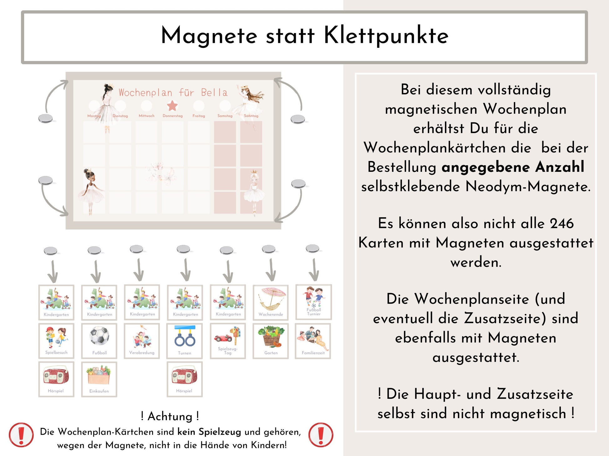 Magnetboard Wochenplan "Ballerina" personalisiert für Kinder und Teenager, 246 Routine Karten, Neodym-Magnete, Montessori Routineplan