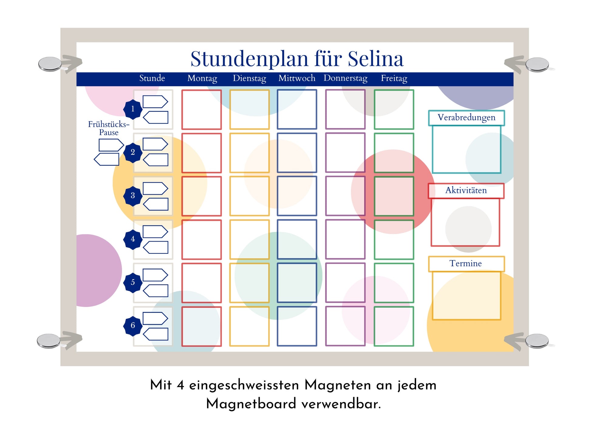 Stundenplan mit 70 Schulfach Kärtchen, personalisiert für die Grundschule, laminiert magnetisch, Geschenk Einschulung "Bunte Kreise"