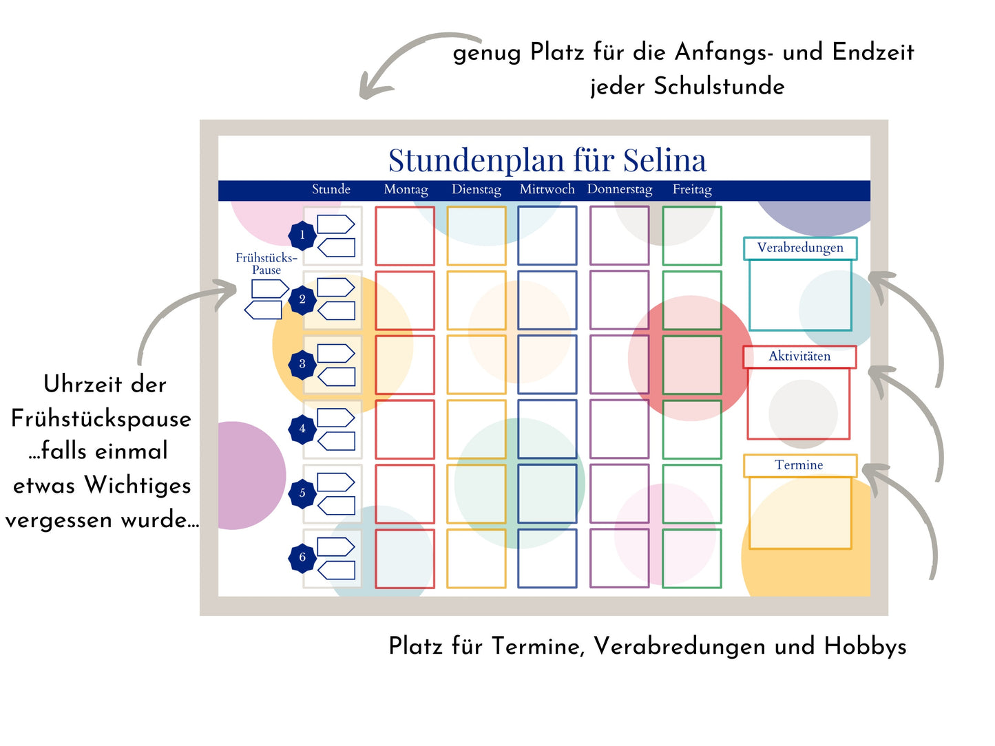 Stundenplan mit 70 Schulfach Kärtchen, personalisiert für die Grundschule, laminiert magnetisch, Geschenk Einschulung "Bunte Kreise"