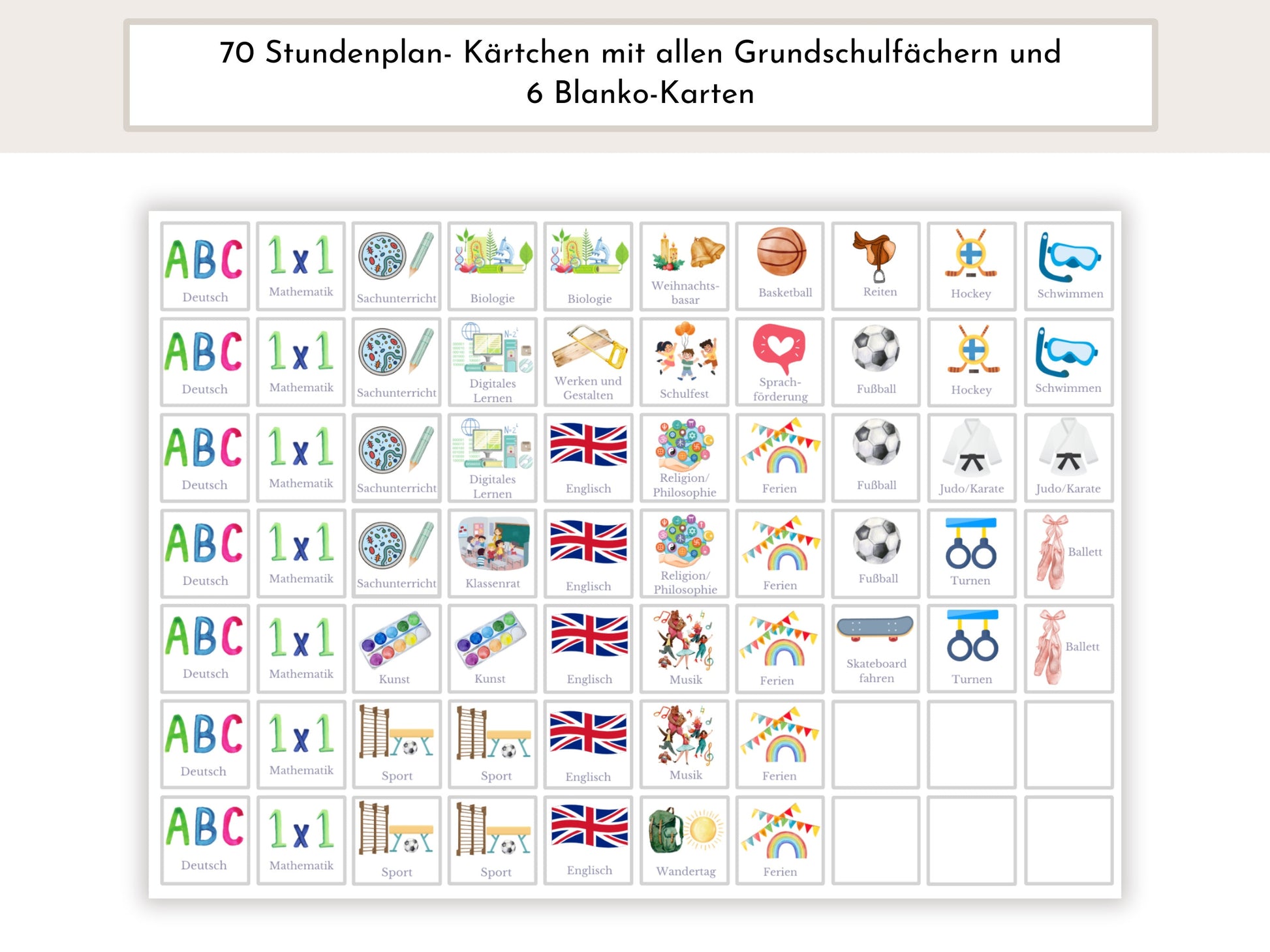 Stundenplan mit 70 Schulfach Kärtchen, personalisiert für die Grundschule, laminiert magnetisch, Geschenk Einschulung "Bunte Kreise"