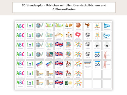 Stundenplan mit 70 Schulfach Kärtchen, personalisiert für die Grundschule, laminiert magnetisch, Geschenk Einschulung "Bunte Kreise"