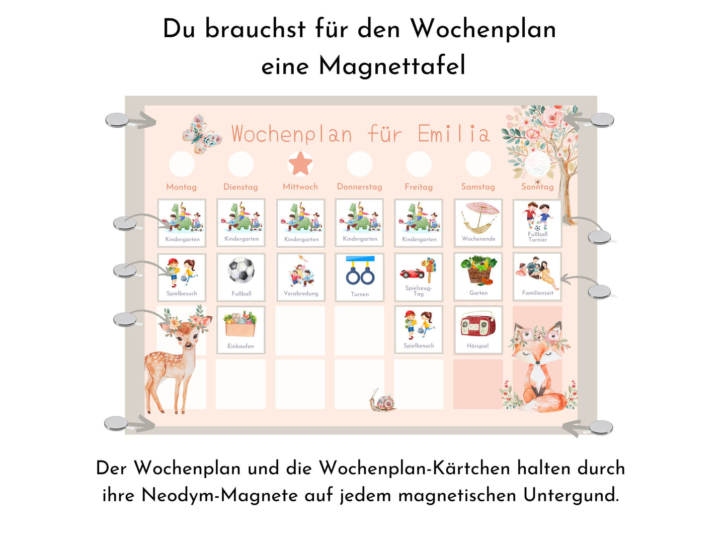 Magnetboard Wochenplan "Fantasie" personalisiert für Kinder und Teenager, 246 Routine Karten, Neodym-Magnete, Montessori Routineplan