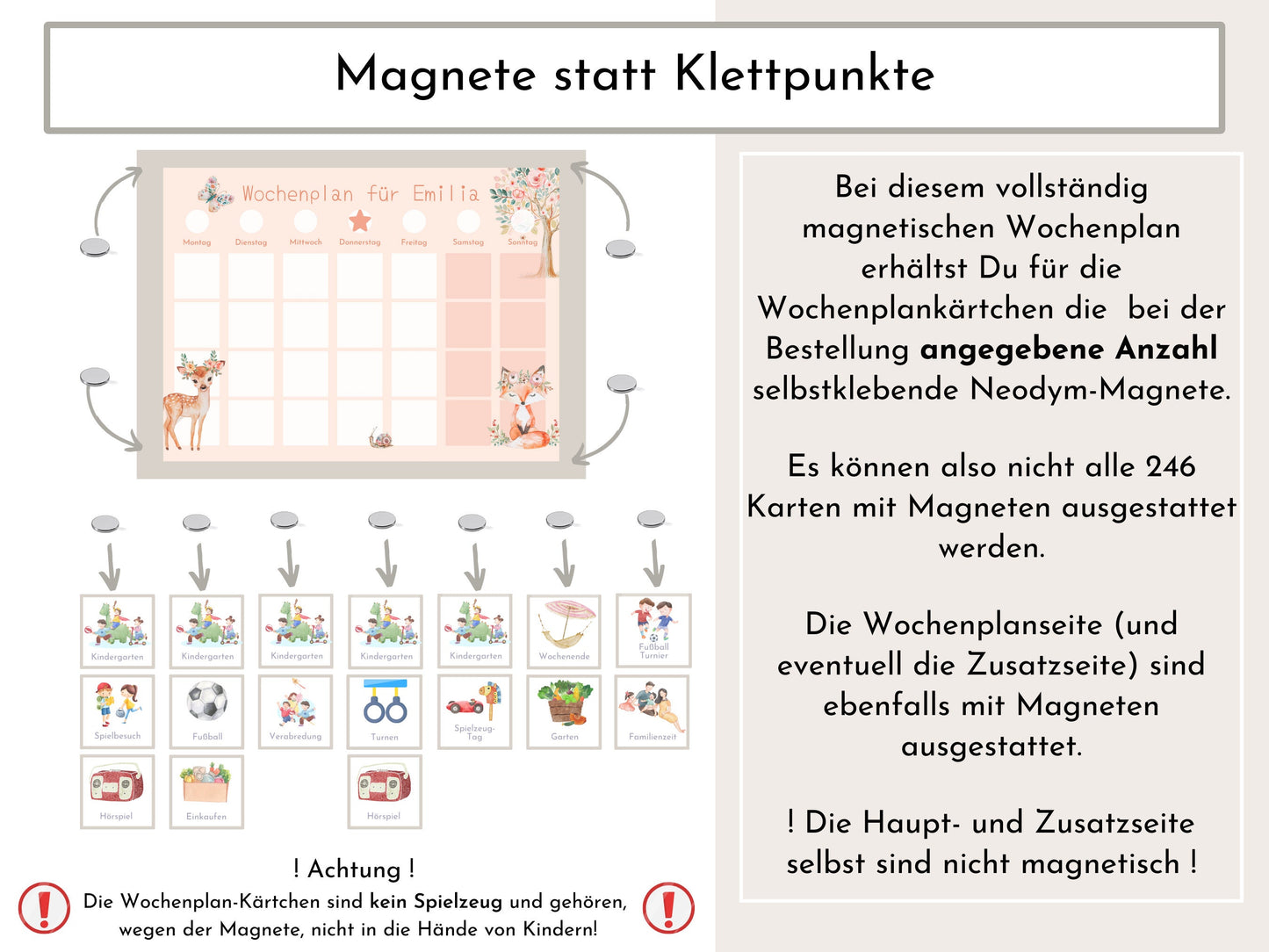 Magnetboard Wochenplan "Fantasie" personalisiert für Kinder und Teenager, 246 Routine Karten, Neodym-Magnete, Montessori Routineplan