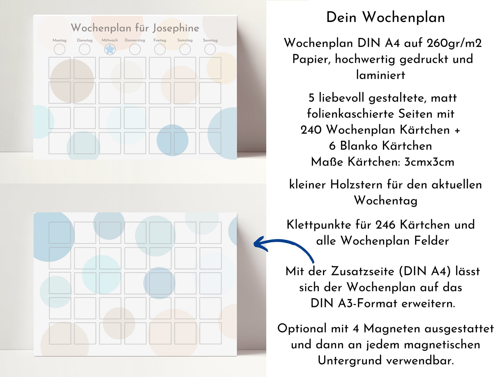 Wochenplaner personalisiert, Kinder und Teenager, 246 Wochenplan Karten, laminiert magnetisch, Geburtstag Geschenk Kreise "Wasser und Sand"