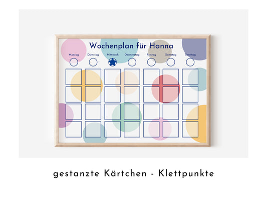 Personalisierter Wochenplan "Bunte Kreise" für Kinder, 246 Wochenkarten, personalisiert, laminiert, magnetisch, Routineplan mit Bildkarten