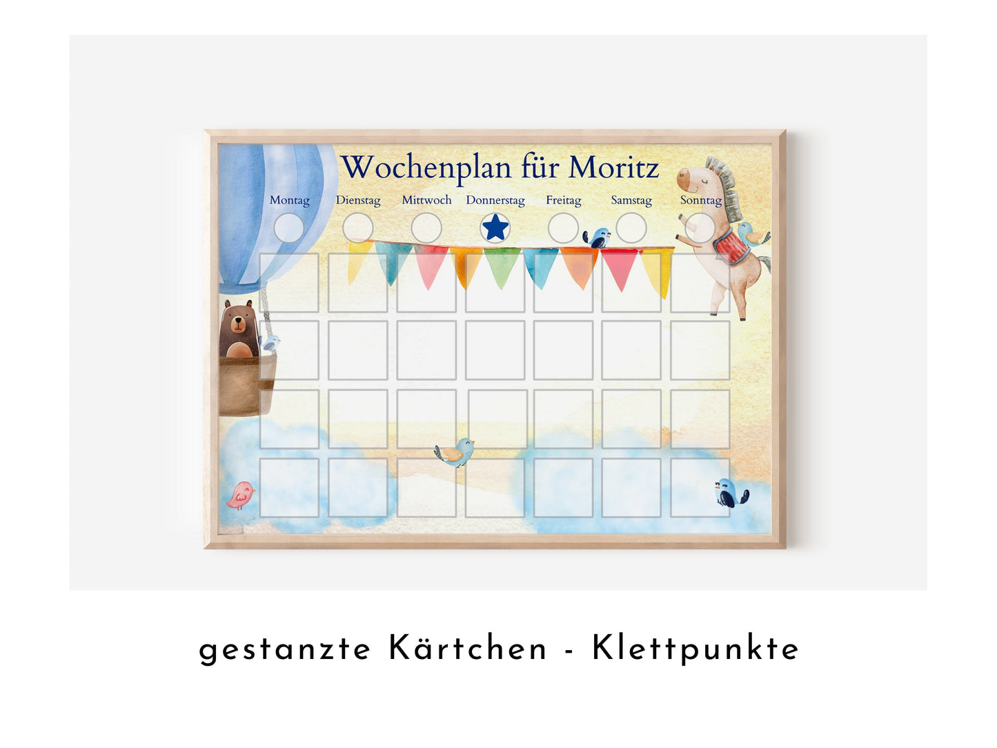 Personalisierter Wochenplan "Heissluftballon" personalisiert für Kinder mit 246 Routine Karten, Montessori Routineplan von Familie Nordstern