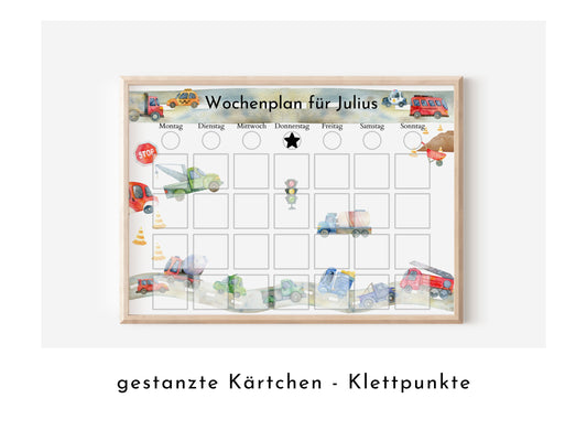 Personalisierter Wochenplan "Autos und Laster" für Kinder, 246 Routine Karten, laminiert, magnetisch, Montessori Routineplan mit Bildkarten