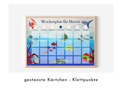 Wochenplan "Aquarium" mit Name personalisiert, 246 Routine Karten, laminiert magnetisch Klett, Routineplan für Kinder und Jugendliche