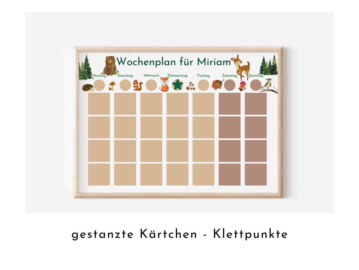 Wochenplan "Wald und Wiese" mit Name personalisiert, 246 Routine Karten, laminiert magnetisch Klett, Routineplan für Kinder und Jugendliche