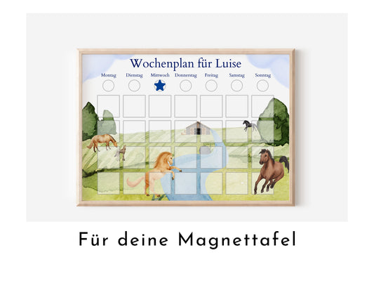 Magnetboard Wochenplan "Pferde" für Kinder o. Teenager, personalisiert, 246 laminierte Routine Karten, 40-80 Magnete, Montessori Routineplan