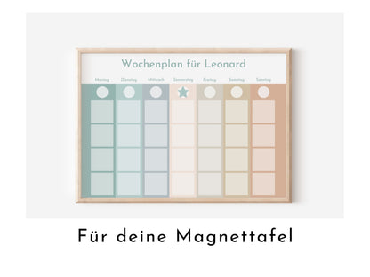 Personalisierter Magnetboard Wochenplan "Salbei Haselnuss" für Kinder, 246 Routine Karten, Magnet, Montessori Routineplan Familie Nordstern