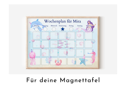 Magnetboard Wochenplan "Meerjungfrau" personalisiert für Kinder und Teenager, 246 Routine Karten, Neodym-Magnete, Montessori Routineplan