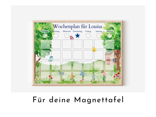 Magnetboard Wochenplan "Garten" personalisiert für Kinder und Teenager, 246 Routine Karten, 40-80 Neodym-Magnete, Montessori Routineplan