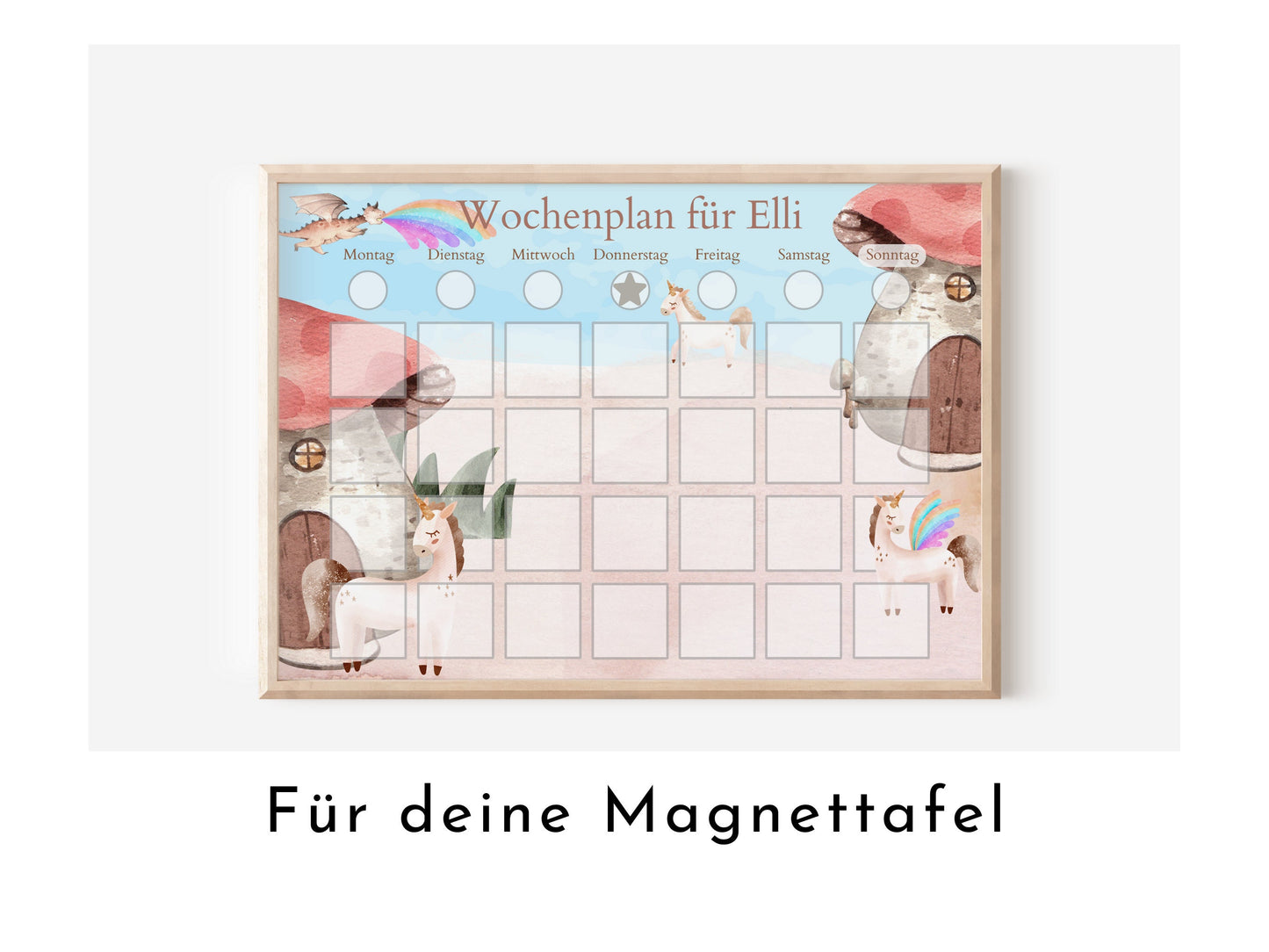 Personalisierter Wochenplan "Drache und Einhorn" für Kinder, 246 Routine Karten, Tagesplan mit 40-80 Magneten, Routineplan mit Bildkarten