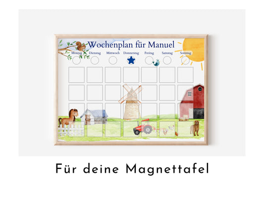 Magnetboard Wochenplan "Bauernhof" mit Name personalisiert für Kinder, 246 Routine Karten, Tagesplan mit 40-80 Magneten, Routineplan