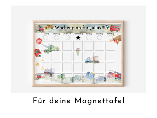 Magnetboard Wochenplan "Autos und Laster" personalisiert für Kinder, 246 Routine Karten, Neodym-Magnete, Routineplan Familie Nordstern