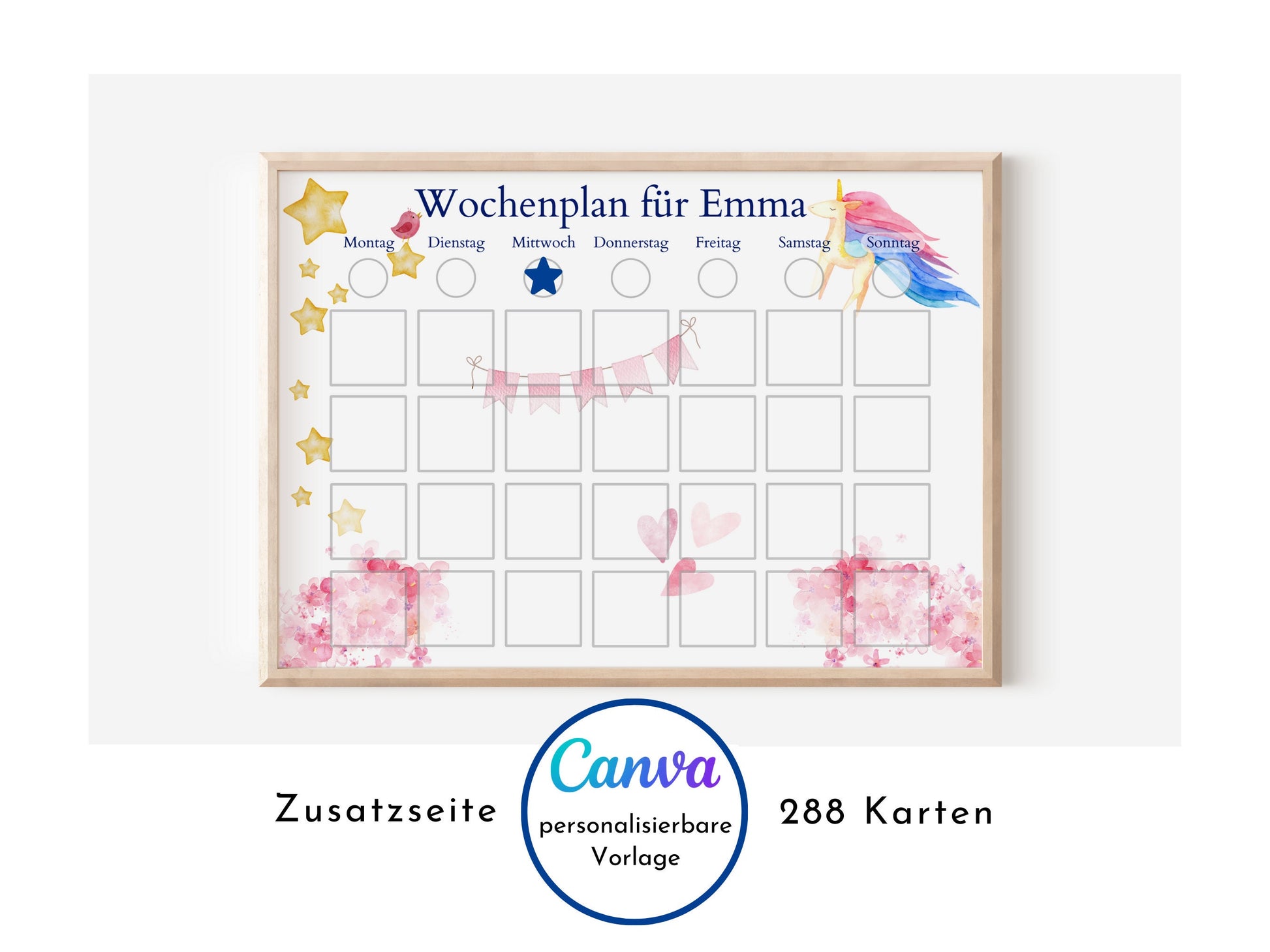 Wochenplan für Kinder, 288 Montessori Routine Karten, personalisierterer Routineplan, PDF Sofort-Download, Kinderwochenplan "Rosa Einhorn"