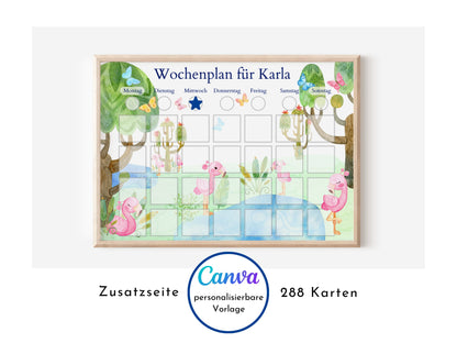 Wochenplan für Kinder, 288 Kärtchen, PDF Sofort-Download zum Ausdrucken, Geburtstagsgeschenk und zum Verschenken "Flamingo"