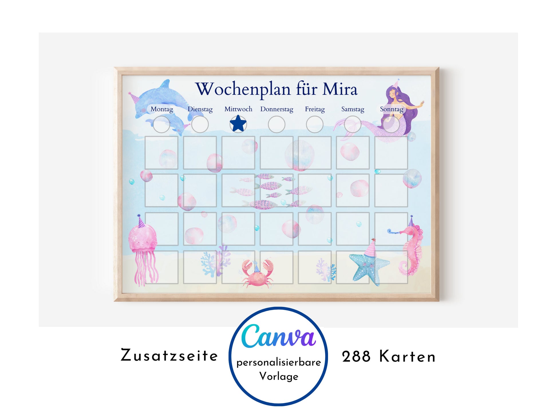 Wochenplan für Kinder mit 288 Routine Karten, personalisierbar, Sofort-Download, Geschenkidee zum Geburtstag "Meerjungfrau"