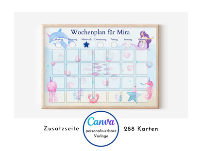 Wochenplan für Kinder mit 288 Routine Karten, personalisierbar, Sofort-Download, Geschenkidee zum Geburtstag "Meerjungfrau"