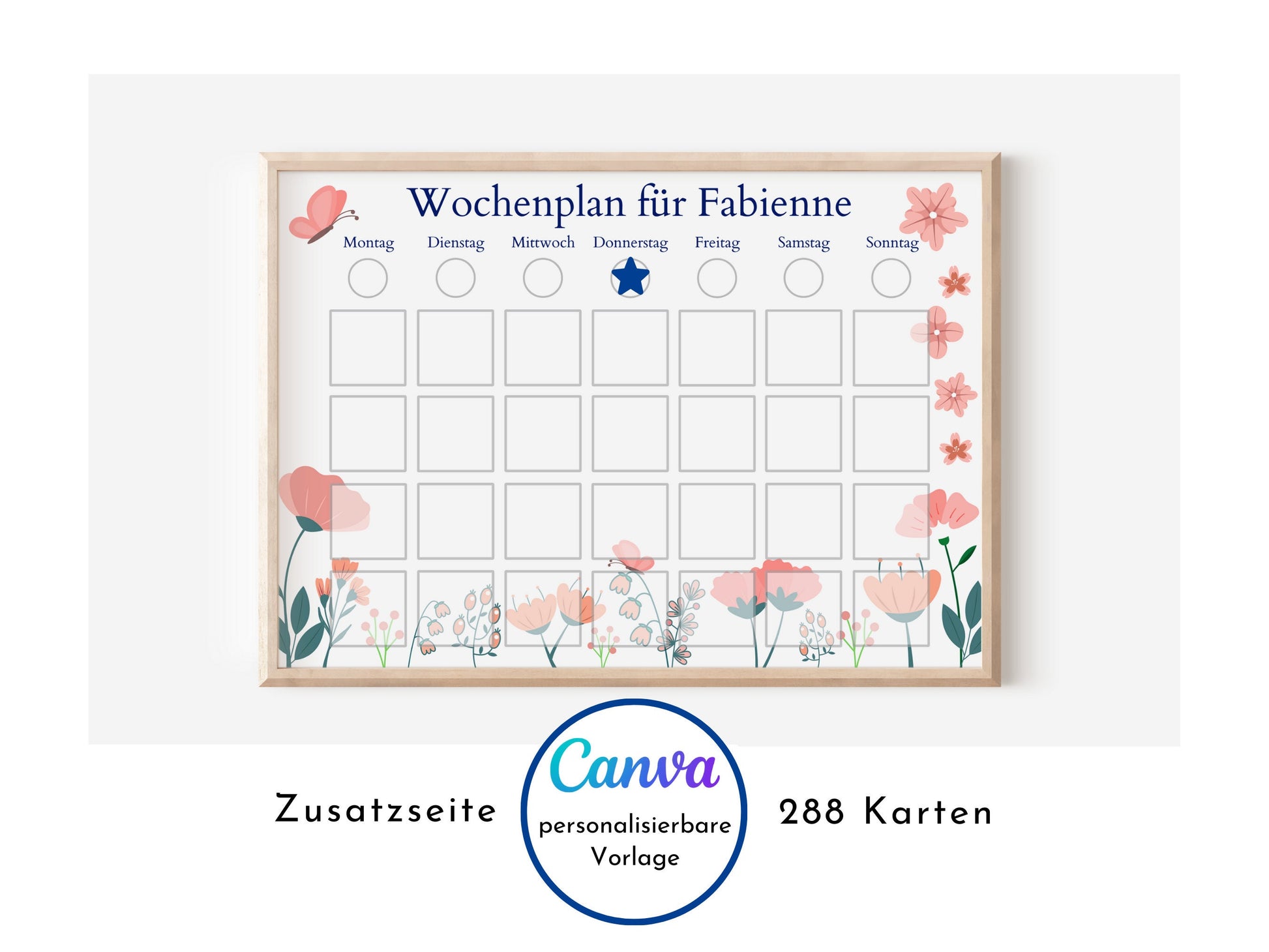 Wochenplan für Kinder, 288 Kärtchen, personalisierbar, PDF Sofort-Download, Geburtstagsgeschenk und zum Verschenken "Floral"