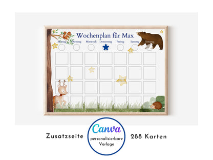 Wochenplan "Bär und Reh" für Kinder, 288 Wochenkarten, Montessori Routineplan als Sofort-Download, personalisierbares Canva-Printable